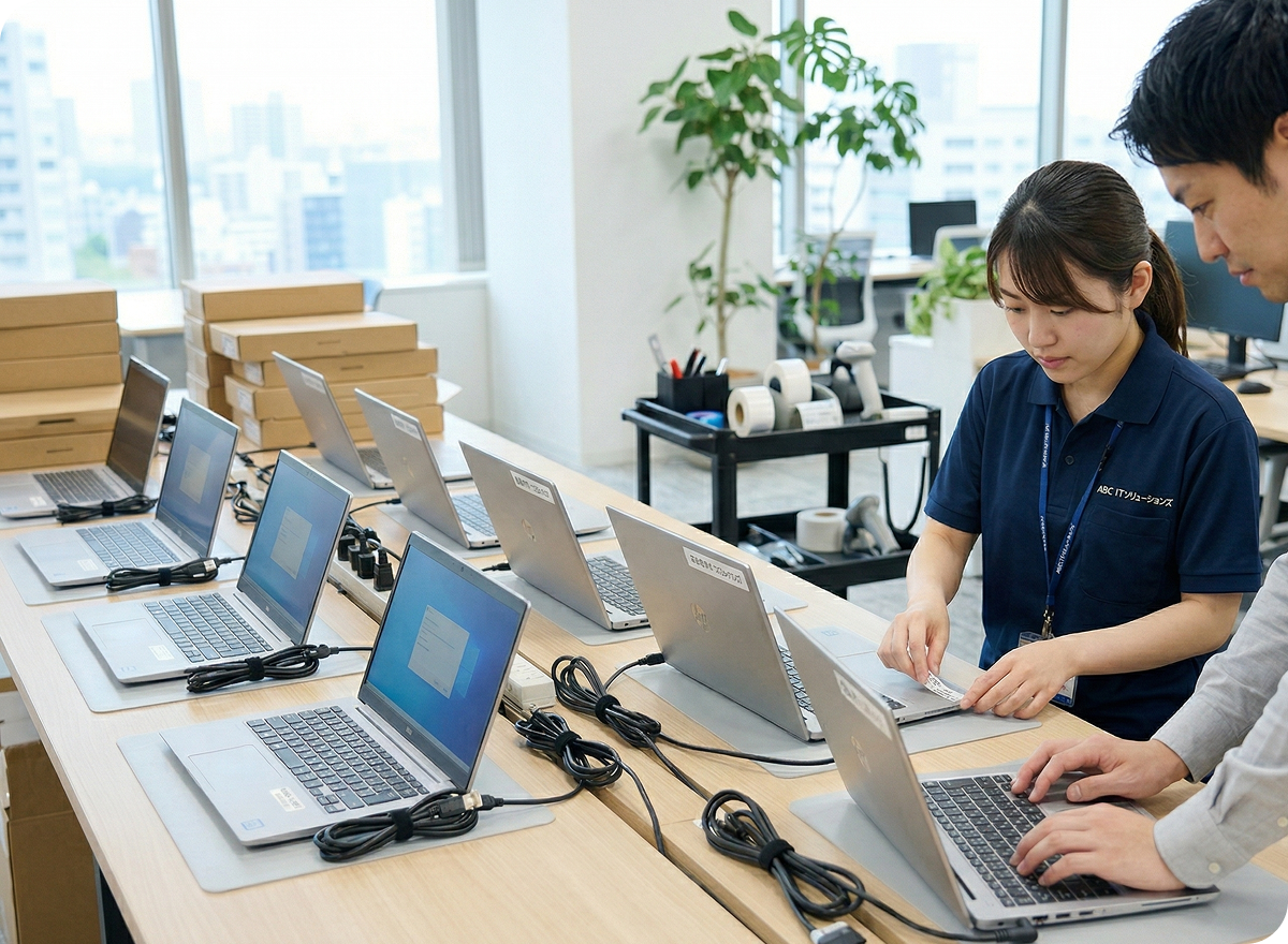 机の上に置かれたタブレットにコンテンツ一覧が映し出され、ノートPCと並ぶ日常的なデバイス利用の様子