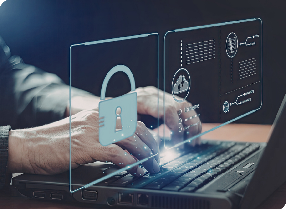 ノートパソコンのキーボードを操作する手元に、鍵アイコンや認証画面が重ねて表示されたセキュリティのイメージ