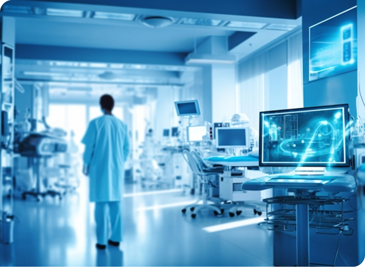 最新設備が並ぶ医療施設の室内で、白衣の医師が歩く様子とモニターに表示されたデジタル医療データが映る先進的な病院風景