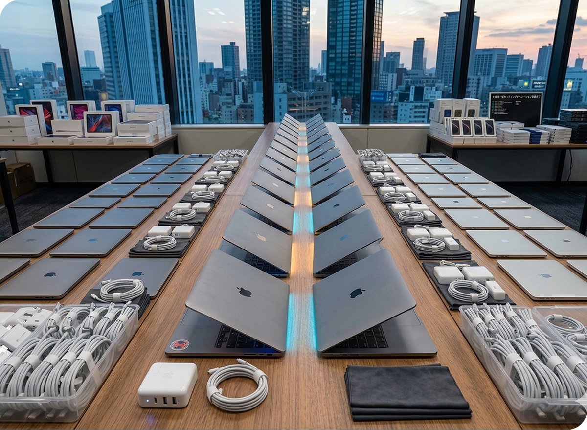 黒い背景の上にノートパソコン、タブレット、スマートフォン、スマートウォッチが整然と並ぶApple製品の一覧イメージ