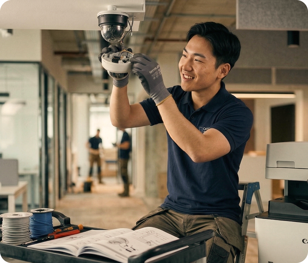 中央の人物アイコンからスマートフォンやWi-Fi、データベースなどのアイコンが放射状につながるデジタル連携の概念図